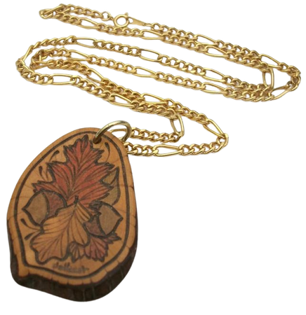 Wood Burned Autumn Leaves and Acorns Pendant Necklace Vintage | Etsy