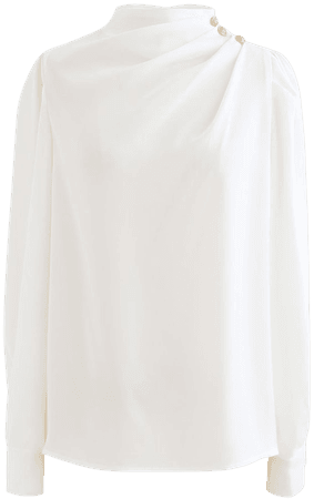Buttoned Ruched Neck Satin Top in White - Retro, Indie and Unique Fashion