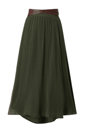 Cholul Leather-trimmed Cotton-gauze Wrap Maxi Skirt - Army green