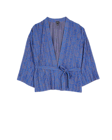 Blue print plisse belted kimono | River Island