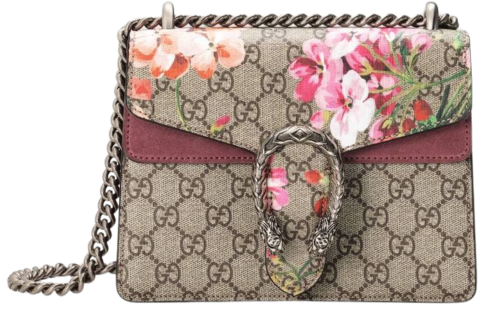 Dionysus GG Blooms mini bag in Beige/ebony Blooms print GG Supreme canvas, a material with low environmental impact, with pink suede trim | Gucci Women's Shoulder Bags