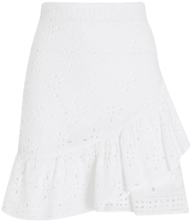 High Waisted Eyelet Asymmetrical Ruffle Mini Skirt | Express
