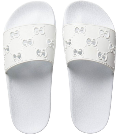 gucci gg women’s sandal slides in white.
