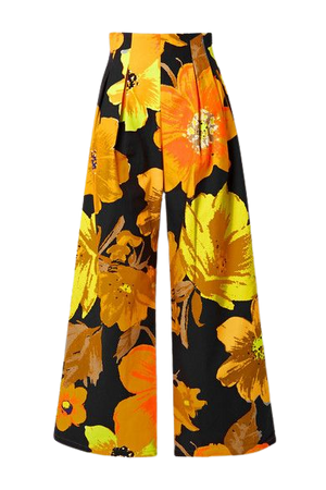 Pleated Floral-print Cotton-twill Wide-leg Pants - Orange