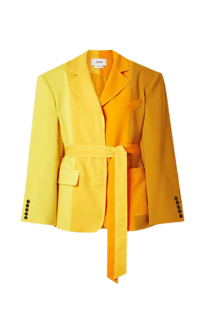 Oversized Belted Color-block Crepe Blazer - Yellow