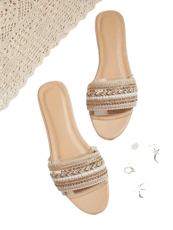 Faux Pearl & Rhinestone Detail Slide Sandals | SHEIN USA
