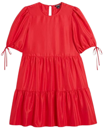 Frilled puff sleeve midi dress - Bright red - Monki WW
