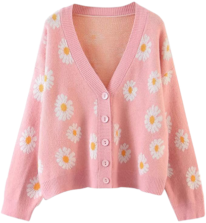 Women's Long Sleeve V Neck Daisy Floral Print Knit Cardigan Sweater Button Down Vintage Aesthetic 90s Outerwear Top (One Size, Blue Daisy) : Clothing, Shoes & Jewelry