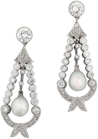 Pair Natural Pearl and Diamond Drop Earrings For Sale at 1stDibs