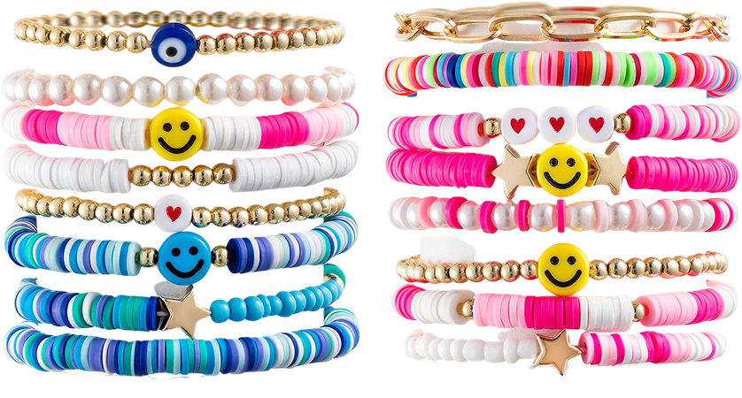 LieToi 16Pcs Preppy Heishi Bracelets Set Colorful Smile Heart Star Evil Eye Beaded Polymer Clay Pearl Stackable Charm Y2K Kidcore Summer Beach Bohemian Layering Bracelets Jewelry for Women Girls Teens: Clothing, Shoes & Jewelry