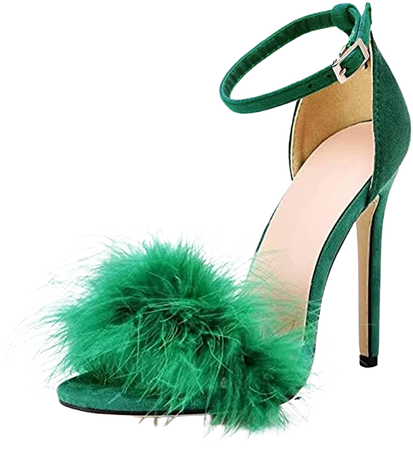Amazon.com | MMJULY Women's Open Toe Ankle Strap Fluffy Feather Stiletto High Heel Dress Sandal Green US 8.5 | Heeled Sandals