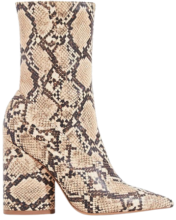 Ameera Block Heel Pointed Ankle Boot In Nude Snake Print Faux Leather | EGO