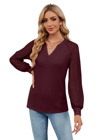 lace sleeve notched neck top