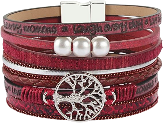 Amazon.com: FANCY SHINY Tree of Life Leather Wrap Bracelet Inspirational Cuff Bangles Boho Pearl Bracelets with Clasp Unique Jewelry Gifts for Women Teen Girls(Burgundy): Clothing, Shoes & Jewelry