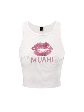 Women's Letter & Lips Printed Round Neck Tank Top | SHEIN USA
