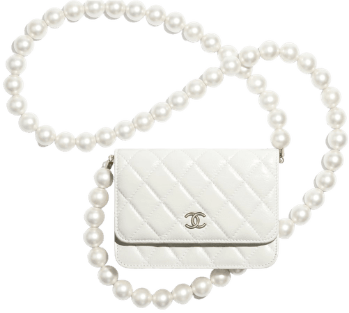 Calfskin, Imitation Pearls & Gold-Tone Metal White Mini Wallet on Chain | CHANEL