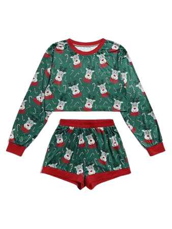 Christmas Elk Print Shorts PJ Set | ROMWE USA