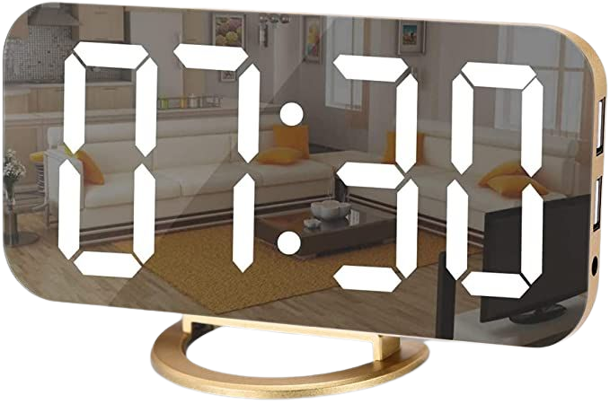 Amazon.com: Digital Alarm Clock,LED and Mirror Desk Clock Large Display,with Dual USB Charger Ports,3 Levels Brightness,12/24H,Modern Electronic Clock for Bedroom Home Living Room Office - Gold : Home & Kitchen