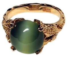 Nephrite Jade 14k Gold Ring Green Cats Eye Effect Chatoyancy Art Nouveau Jewelry