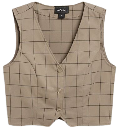 Grid checked cropped single-breasted waistcoat - Dark beige grid check - Monki WW