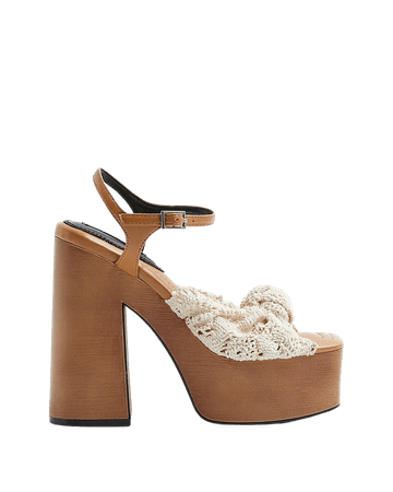 Cream wooden platform heeled sandals | River Island