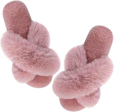 Women's Cross Band Slippers Soft Plush Furry Cozy Open Toe House Shoes Indoor Outdoor Faux Rabbit Fur Warm Comfy Slip On Breathable Pink 5-6 : Amazon.ca: Clothing, Shoes & Accessories