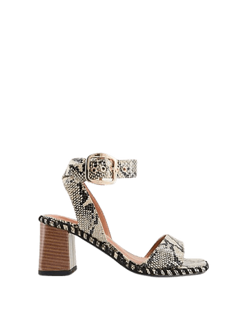 ASOS DESIGN Harvest block heeled mid sandals in snake | ASOS