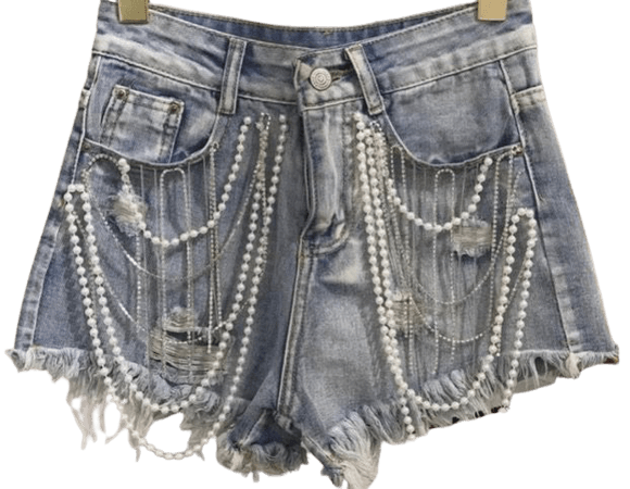 denim shorts with pearl and crystal beads