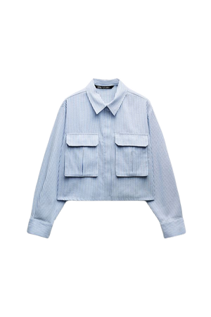 Lapel collar shirt with long cuffed sleeves. Front patch pockets. Front button closure. - Blue / White | ZARA United States