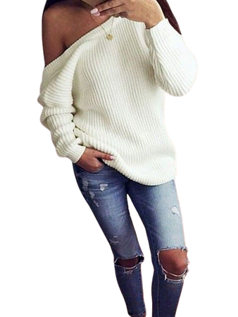White Plain Off-shoulder Boat Neck Casual Oversize Pullover Sweater - Pullovers - Sweaters - Tops