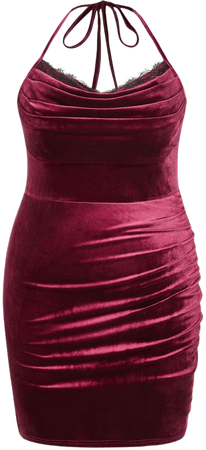 Velvet Cowl Neck Ruched Lace Mini Dress Curve & Plus - Cider