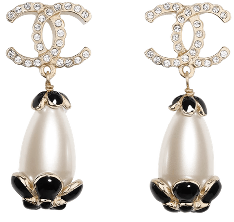 Chanel, earrings Metal, Strass & Resin Gold, Pearly White, Crystal & Black