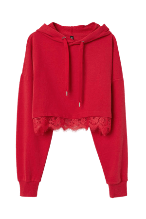 Short Hooded Top with Lace - Red
