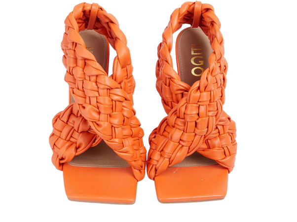 Impress Square Toe Woven Wrap Heel In Orange Faux Leather | EGO