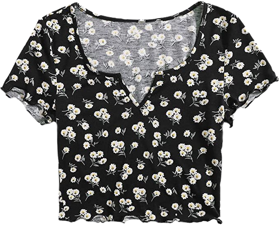 SweatyRocks Women's Summer Crop Top Short Sleeve Tee T-Shirt Floral Black L at Amazon Women’s Clothing store