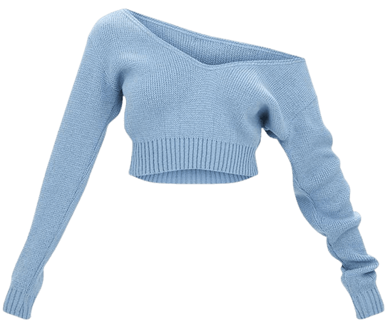 Adelaida Dusty Blue Off Shoulder Knitted Crop Jumper | PrettyLittleThing USA