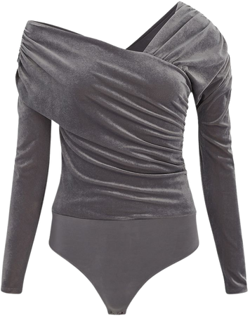 Body Contour Velvet Off The Shoulder Asymmetrical Wrap Thong Bodysuit | Express