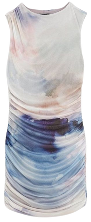 Cloud Printed Mesh Ruched Sleeveless Mini Dress | Karen Millen