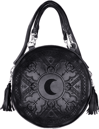 "HENNA BLACK ROUND BAG" Moon embroidery handbag, witchy purse with moon & tessels | \ HANDBAGS | Restyle.pl