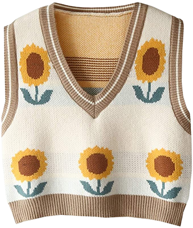 Hyipels Women's Sweater Vest Y2K Teenage Girl Sunflower Knitted Streetwear Preppy Style V Neck Knitwear Crop Tank Top at Amazon Women’s Clothing store