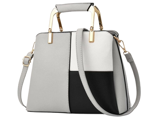 black, grey, and white bag purse
