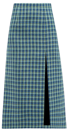 Side Slit Checked Wool Midi Skirt - Womens - Blue Multi
