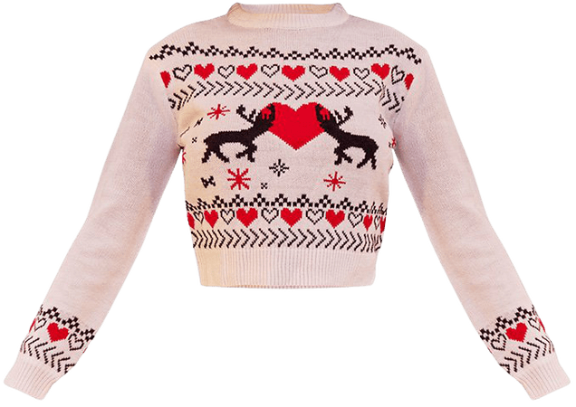White Reindeer Heart Detail Crop Christmas Sweater - New In Knitwear - New In | PrettyLittleThing USA