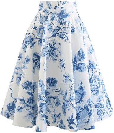 Blue Watercolor Peony Flare Midi Skirt - Retro, Indie and Unique Fashion