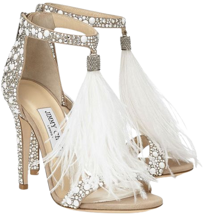 White Suede and Hot Fix Crystal Embellished Sandals with an Ostrich Feather Tassel | Viola 110 | Cruise 16 | JIMMY CHOO