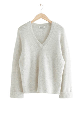 Oversized V-Neck Ribbed Sweater - White - Sweaters - & Other Stories