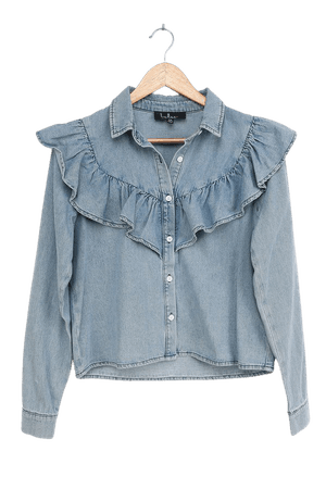 Cute Blue Chambray Top - Ruffled Top - Button-Up Top - Lulus