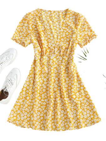 [36% OFF] [POPULAR] 2020 ZAFUL Ditsy Floral Plunge Frilled Mini Dress In YELLOW | ZAFUL