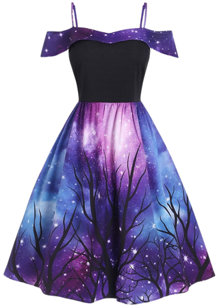 [41% OFF] 2019 Plus Size 3D Galaxy Tree Print Hanky Hem Dress In PURPLE | DressLily