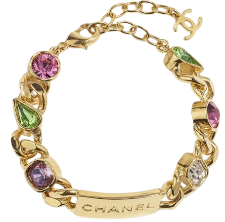 Bracelet, metal & strass, gold, crystal, pink, purple & green - CHANEL